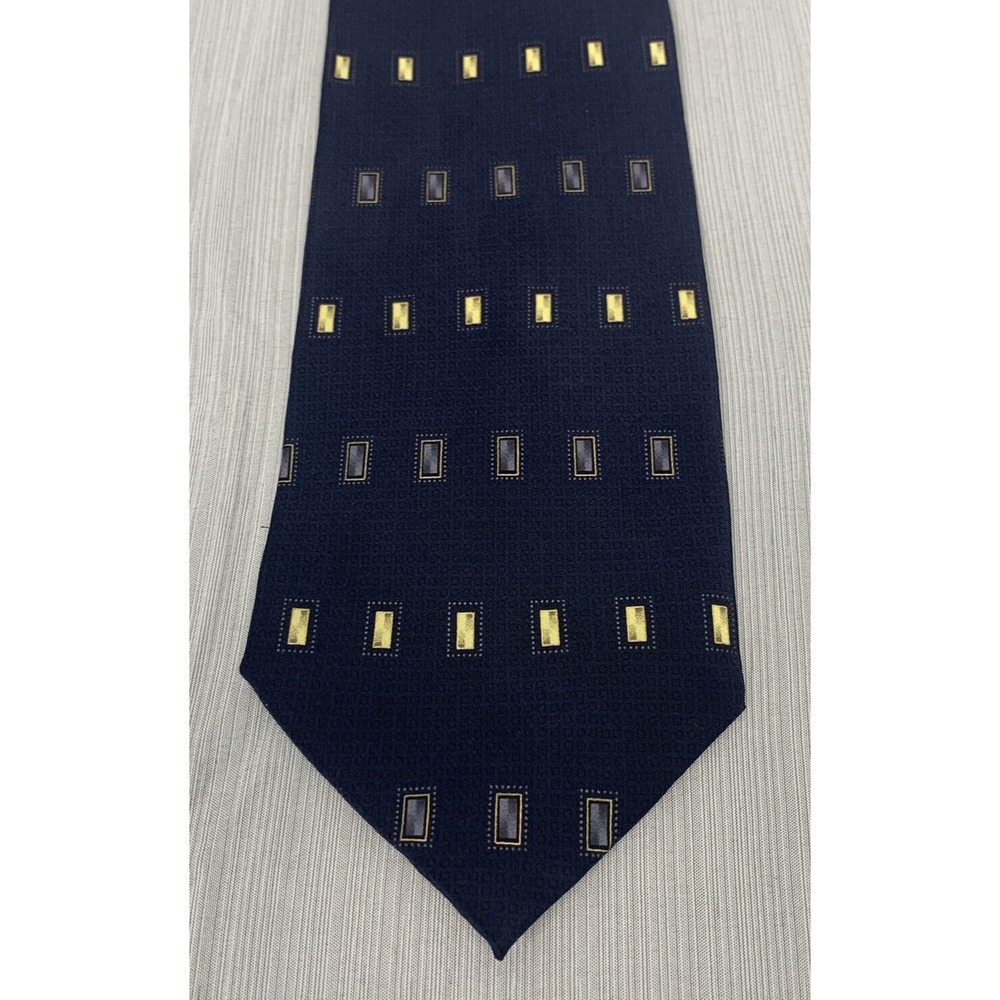 DiMoggio‎ 100% Silk Hand Made Tie Geometric print, Navy blue yellow colors, 59"